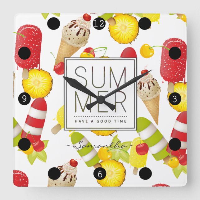 Horloge Carrée Summer Fruits and Ice-Cream Fun (Recto)