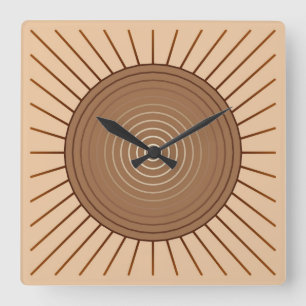 Horloge Carrée Sunburst géométrique moderne - Brown et Tan