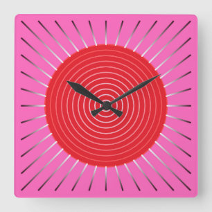 Horloge Carrée Sunburst géométrique moderne - Fuchsia et rouge