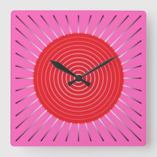 Horloge Carrée Sunburst géométrique moderne - Fuchsia et rouge