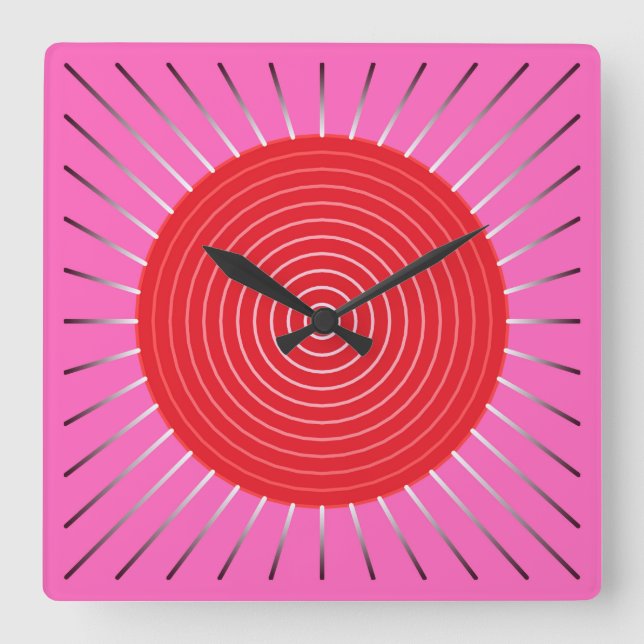 Horloge Carrée Sunburst géométrique moderne - Fuchsia et rouge (Recto)