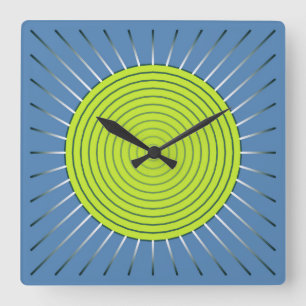 Horloge Carrée Sunburst géométrique moderne - Lime et bleu Denim