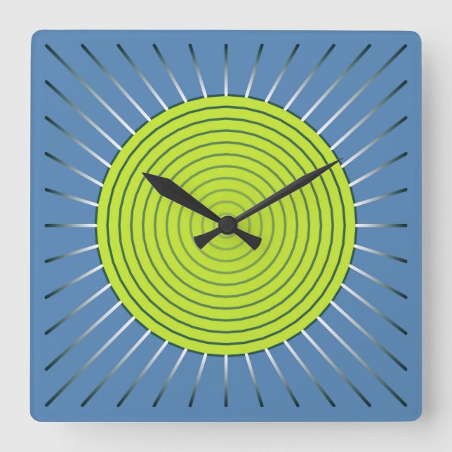 Horloge Carrée Sunburst géométrique moderne - Lime et bleu Denim (Recto)