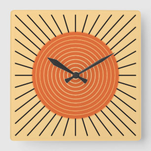 Horloge Carrée Sunburst géométrique moderne - Mandarin Orange