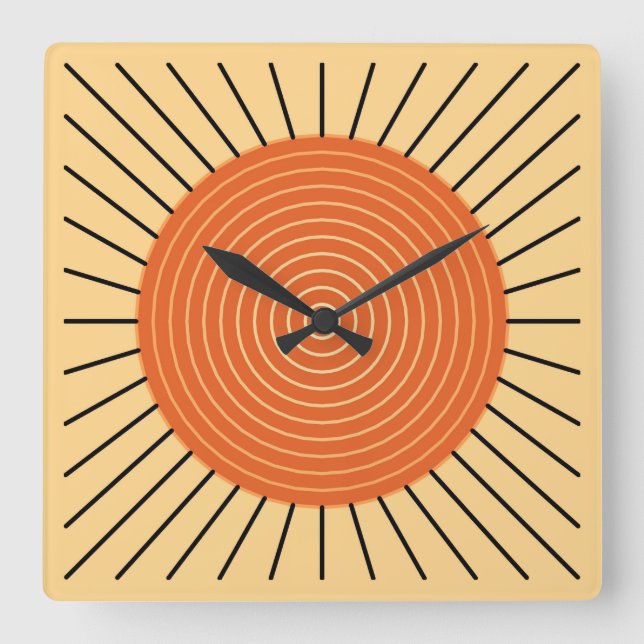 Horloge Carrée Sunburst géométrique moderne - Mandarin Orange (Recto)