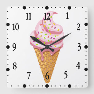 Horloge Carrée sundae fraise en cône gaufre avec garniture