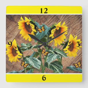 Horloge Carrée Sunflowers Papillons Rustic Barque Carré Wa
