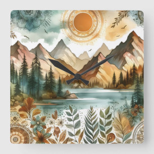 Horloge Carrée Sunny Rustique Boho Nature Motif Mountain Lake