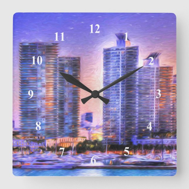 Horloge Carrée Sunrise de Miami Skyline (Recto)