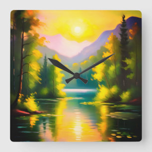 Horloge Carrée Sunrise sur les montagnes enneigées et le lac