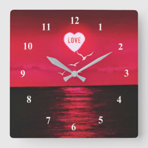 Horloge Carrée Sunset Love - Romantique - Noir Rouge - Personnali