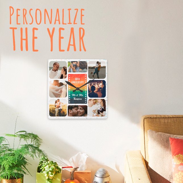 Horloge Carrée Sunset Photo Collage Mr and Mrs Custom Anniversary (Créateur téléchargé)