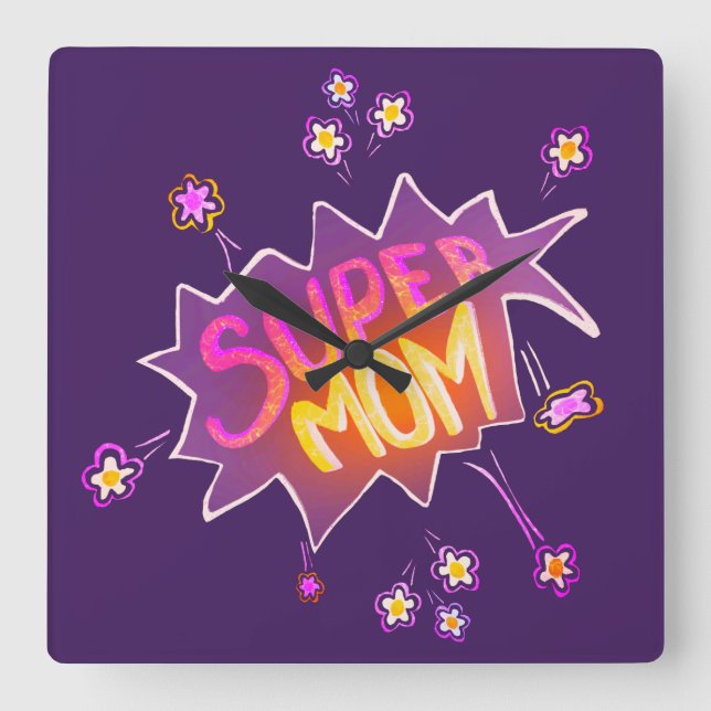 Horloge Carrée Super Maman Pink Neon Flower Comic Buble (Recto)