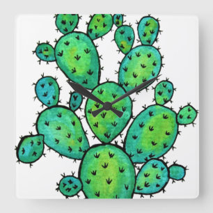 Horloge Carrée Superbe aquarelle prickly Cactus