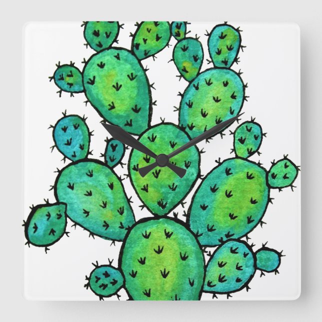 Horloge Carrée Superbe aquarelle prickly Cactus (Recto)