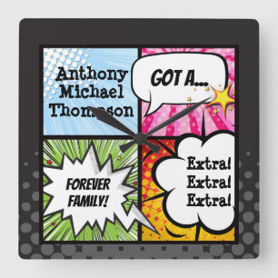 Horloge Carrée Superhero Comic Style de livre Adoption Party cade