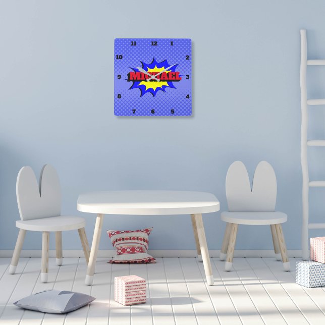 Horloge Carrée Superhero Kids Comic Book Nom personnalisé (Créateur téléchargé)