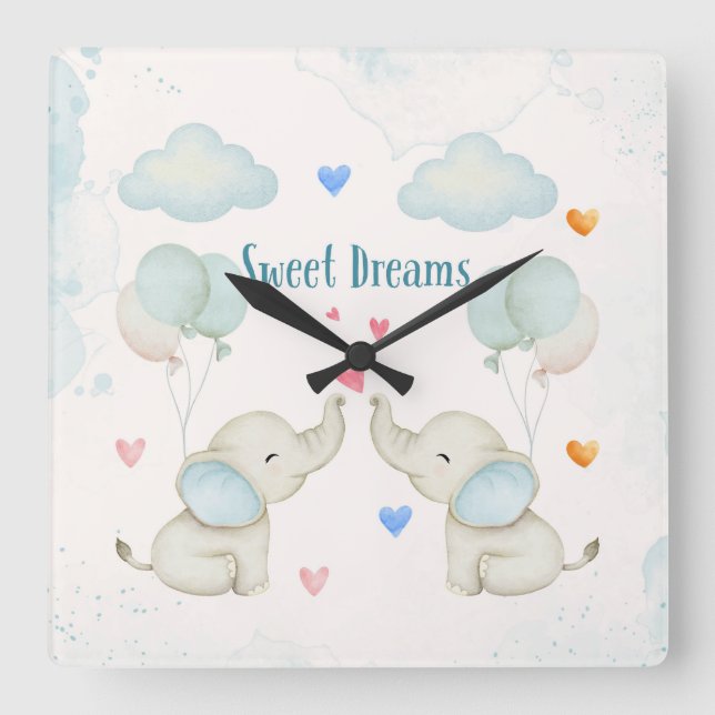 Horloge Carrée Sweet Dreams Baby Elephant Nursery (Recto)