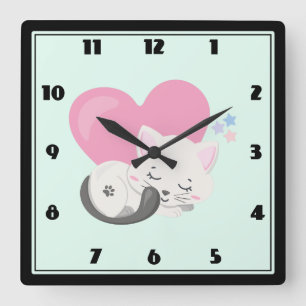 Horloge Carrée Sweet Kitty Chat Dormir avec un grand coeur en arr