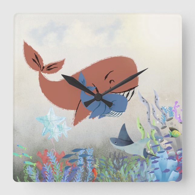 Horloge Carrée Sweet Mama & Baby Whale Nursery Wall Clock (Recto)