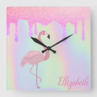 Horloge Carrée Sweet tendance Holographique, Flamant rose rose
