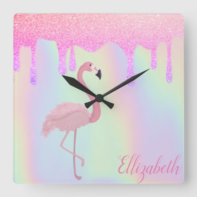 Horloge Carrée Sweet tendance Holographique, Flamant rose rose (Recto)
