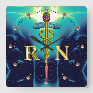 HORLOGE CARRÉE SYMBOLE DE CADUCÉE D'OR INSCRIT COMME INFIRMIÈRE, 