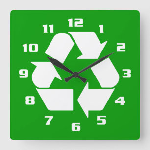 HORLOGE CARRÉE SYMBOLE DE RECYCLAGE BLANC FRAIS POUR ALLER VERS U