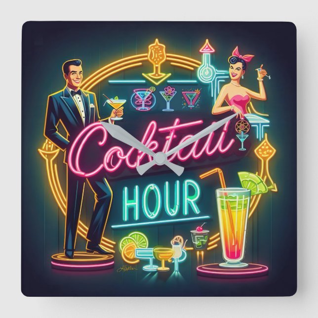 Horloge Carrée Symbole du néon du milieu du siècle Cocktail Hour  (Recto)