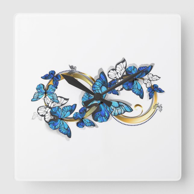 Horloge Carrée Symbole infini de papillons Morpho bleus (Recto)