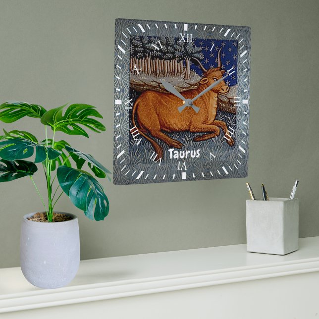 Horloge Carrée Symbole Taurus Zodiac Bull fête d'anniversaire (Taurus the Bull Zodiac Sign Birthday Party Square Wall Clock)