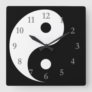 Horloge Carrée Symbole Yin Yang noir blanc avec chiffres gris