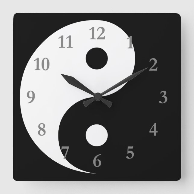 Horloge Carrée Symbole Yin Yang noir blanc avec chiffres gris (Recto)