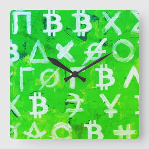 Horloge Carrée Symboles de Bitcoin (Bénéfice Clair Vert - 1)