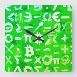 Horloge Carrée Symboles de Bitcoin (Bénéfice Clair Vert - 3)