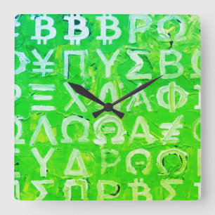 Horloge Carrée Symboles de Bitcoin (Bénéfice vert brillant - 7)