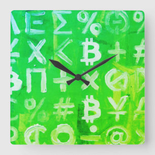 Horloge Carrée Symboles de Bitcoin (Bright Profit Green - 2)
