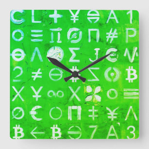 Horloge Carrée Symboles de Bitcoin (Bright Profit Green - 4)