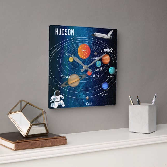 Horloge Carrée Système Solaire Espace Extérieur Astronaute Pluton (Bureau)