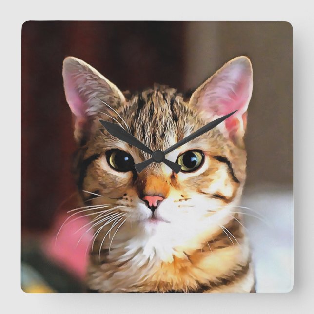 Horloge Carrée Tabby Artistique Chat Kitten Portrait (Recto)
