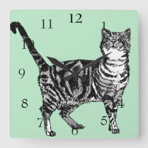 Horloge Carrée Tabby Cat Cats Art Animal Mint Décor Vert