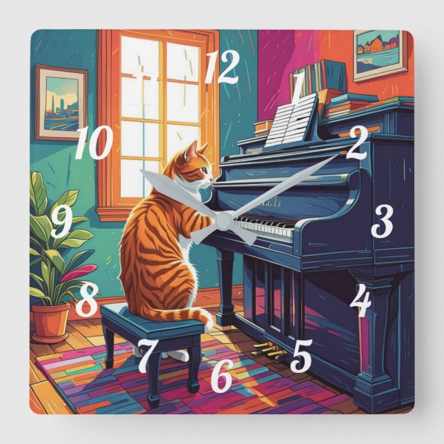 Horloge Carrée Tabby Cat Jouer au piano (Recto)