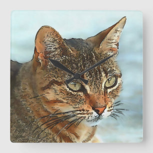 Horloge Carrée Tabby Cat RB Style Dessin Artistique