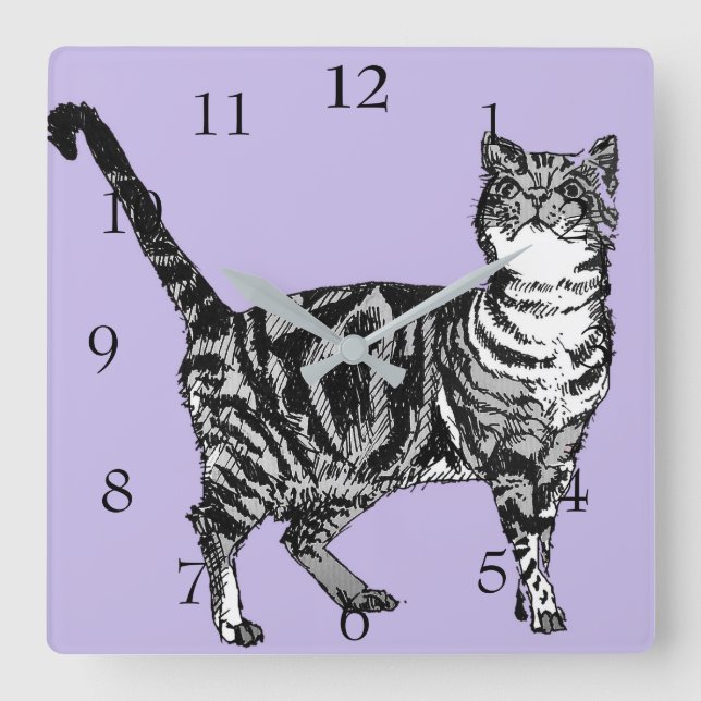 Horloge Carrée Tabby Chat Chats Art Animal Pastel Purple Lavande (Recto)