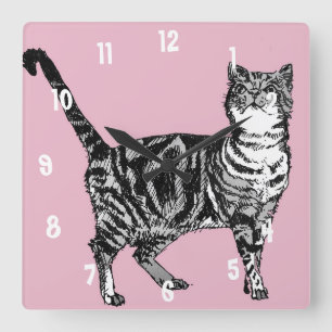Horloge Carrée Tabby Chat Chats Art Animaux Enfants Décor rose pa