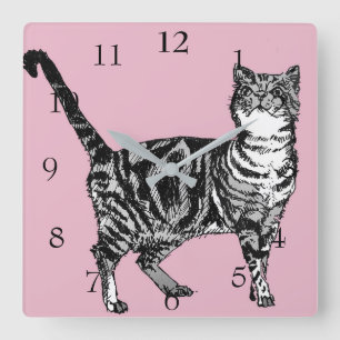 Horloge Carrée Tabby Chat Chats Art Animaux Enfants Décor rose pa
