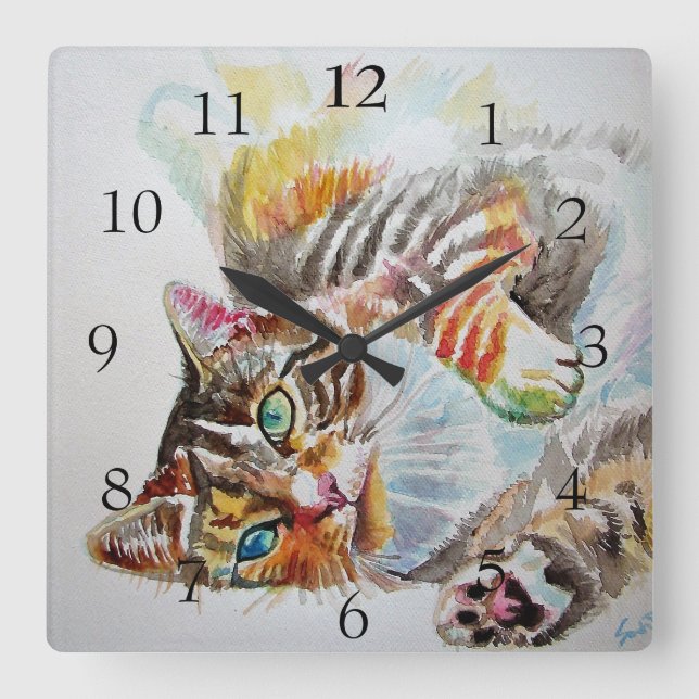 Horloge Carrée Tabby Chat Chats Cute Aquarelle Décor Peinture (Recto)