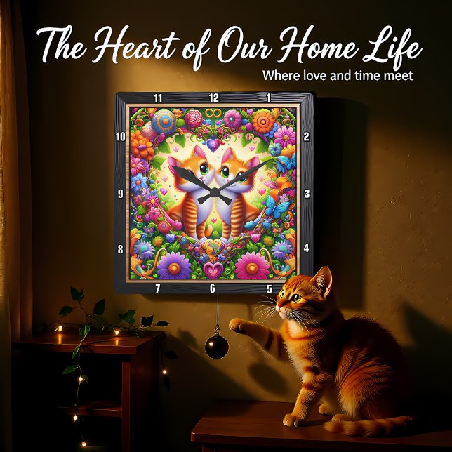 Horloge Carrée Tabby Kitten Floral Heart Wall (Créateur téléchargé)
