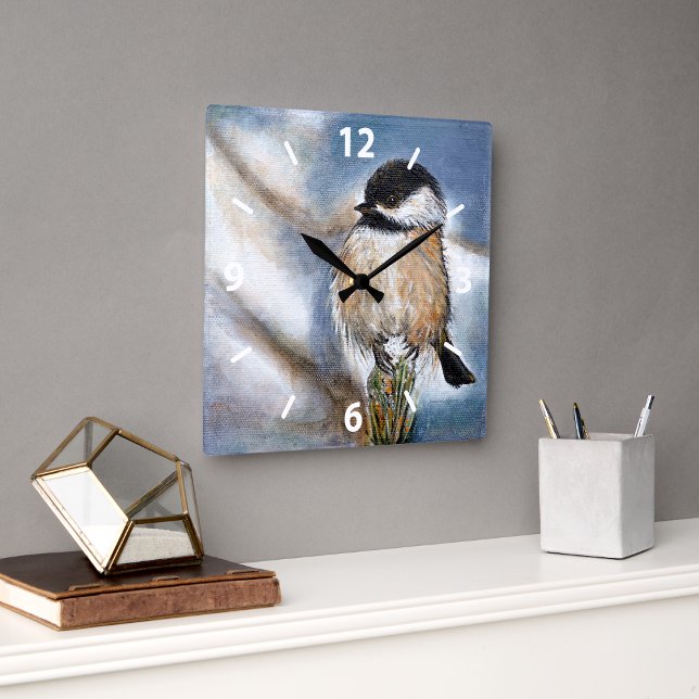 Horloge Carrée Tableau hivernal mignon de poulet (Chickadee Cute Winter Painting Square Wall Clock from Jenn's Emporium. )
