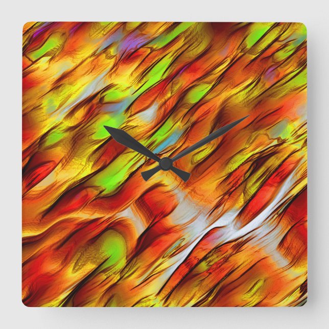 Horloge Carrée Tache jaune rouge et chromé, couleurs chaudes (Recto)